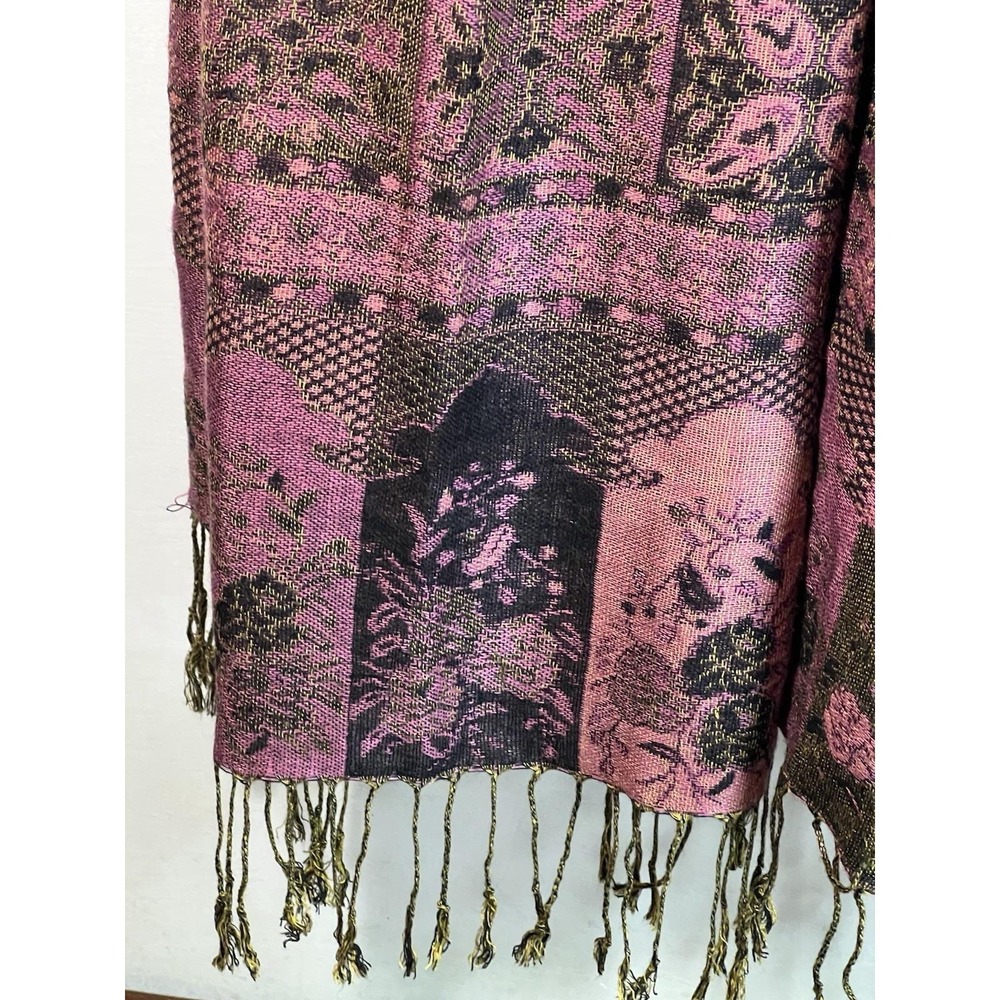 Vtg Pashmina Silk Blend Scarf Purple Black Pasiley Goth Art Deco Woman Wrap 80s